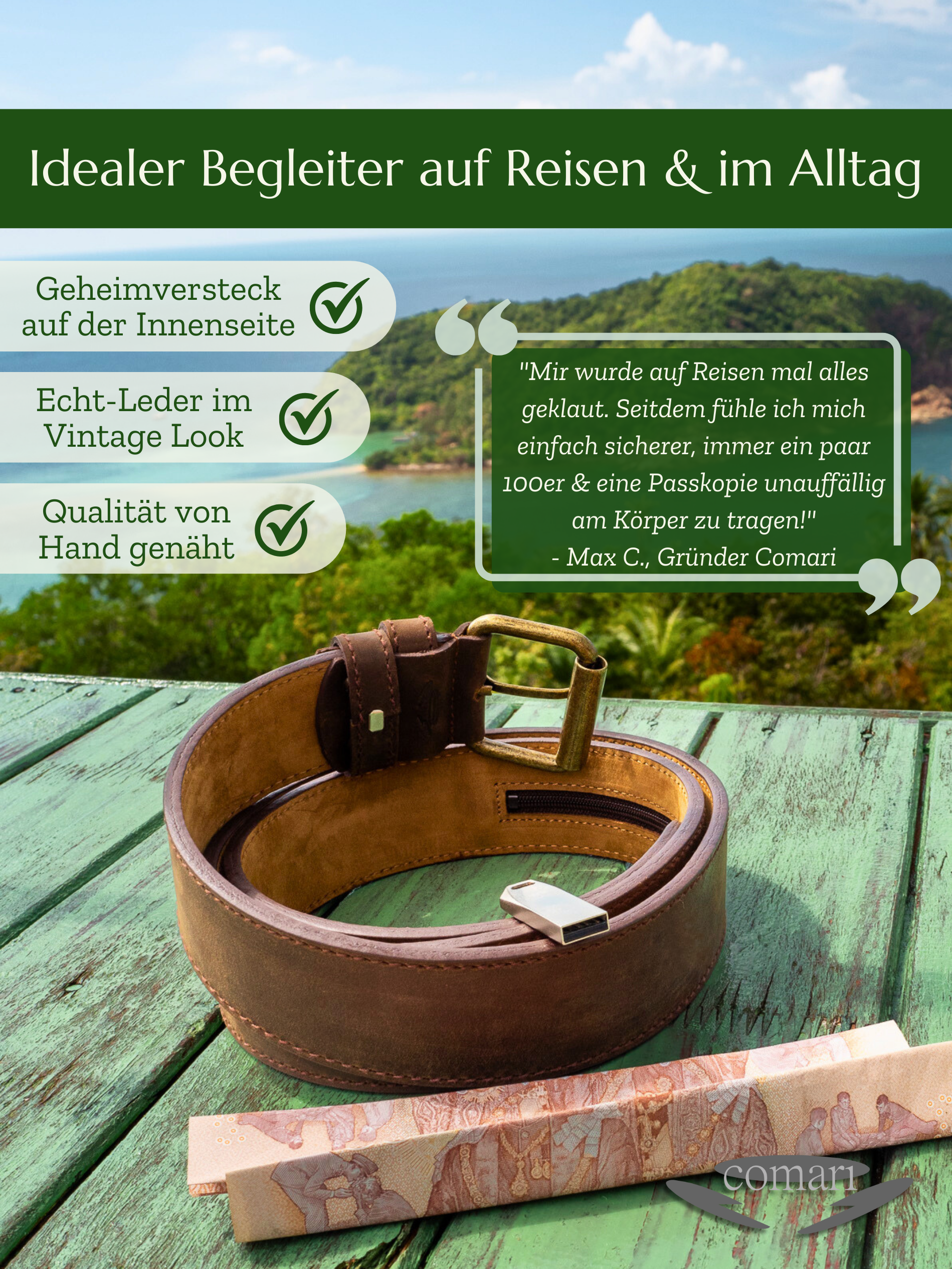 Premium Leder Geldgürtel 'Segurok' Vintage Braun | Comari